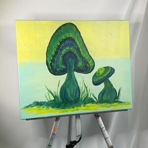 Original Folk Art Green Mushroom Painting Canvas Artwork 20" x 16"